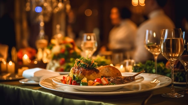 AI generated Luxury food service, main course served at a restaurant or formal dinner event in classic English style in the luxurious hotel or country estate, generative ai photo