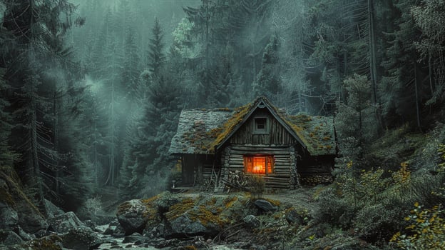AI generated Cabin in the Woods With a Light On photo