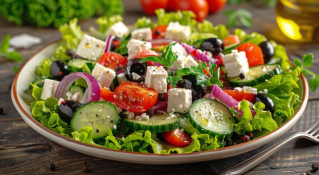 AI generated Plate of Salad With Tomatoes, Cucumber, Olives, and Feta photo