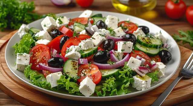 AI generated Plate of Salad With Tomatoes, Cucumber, Olives, and Feta photo