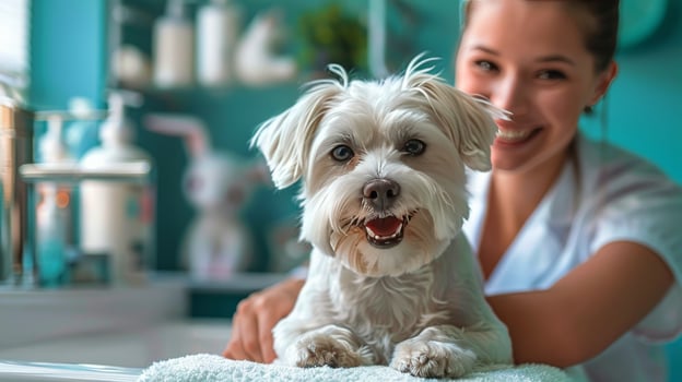 AI generated White Dog Sitting on Top of Towel photo