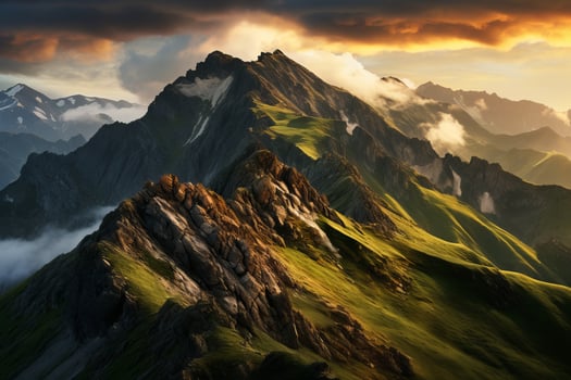 AI generated The play of light on a mountain ridge at sunrise. Generative AI photo