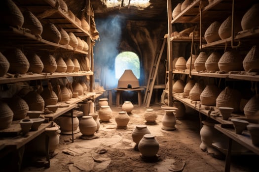 AI generated A potter's kiln with ceramics in the firing process. Generative AI photo