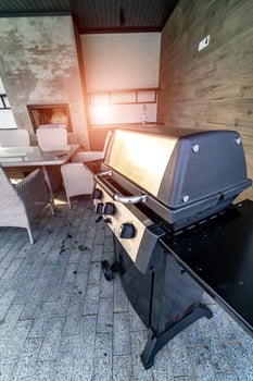 Modern up-to-date bbq and grilling equipment. Grill brazier outdoors. photo