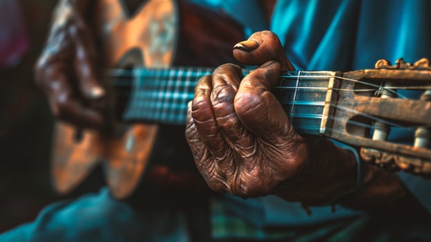 AI generated Close up of a man playing acoustic guitar. Close up of the hands of a man playing the guitar. photo