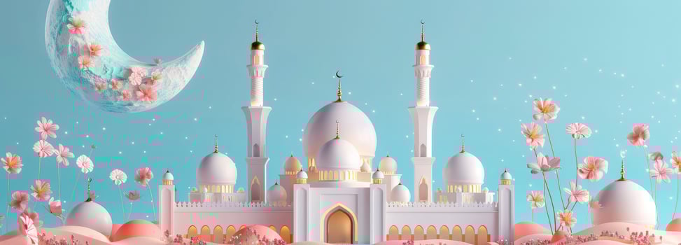 AI generated Mosque and moon with flowers against blue background photo