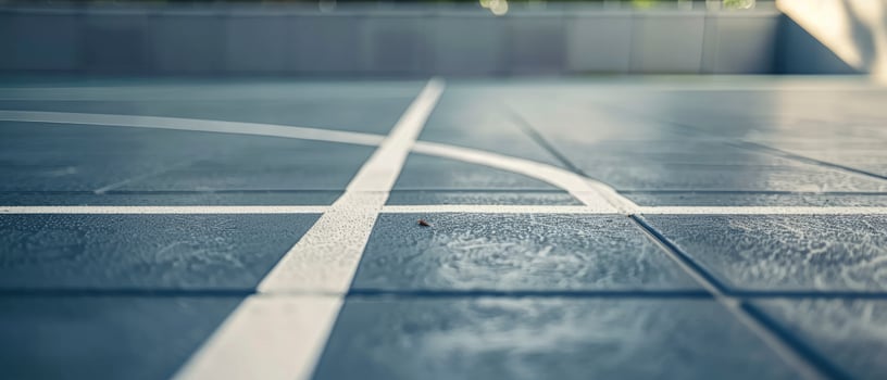 AI generated Empty Basketball Court. Close-Up of White and Gray Lined Flooring, Evoking Outdoor Scenes with Dark Gray and Blue Tones for Smooth Texture and Depth. photo