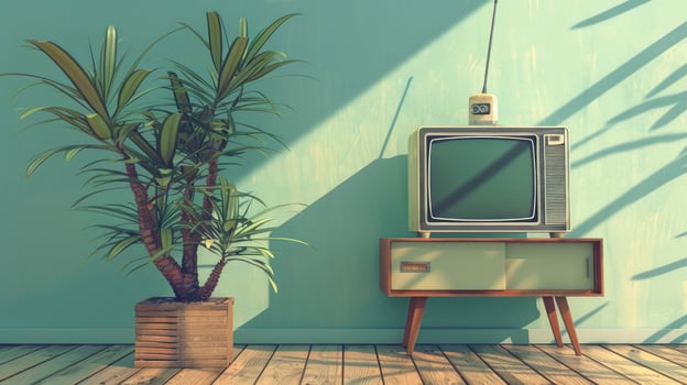 AI generated Vintage Retro Television Set Against a Blue Weathered Wall Background photo