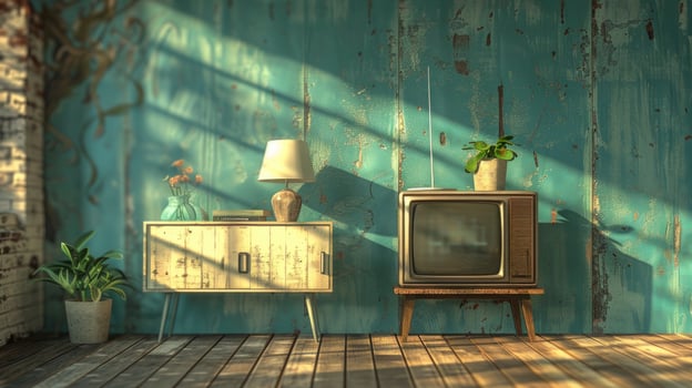 AI generated Vintage Retro Television Set Against a Blue Weathered Wall Background photo