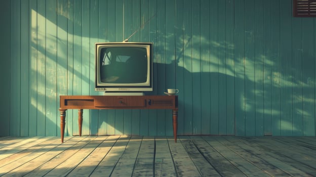 AI generated Vintage Retro Television Set Against a Blue Weathered Wall Background photo