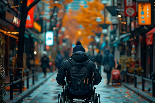 AI generated Wheelchair user navigating a bustling city sidewalk, highlighting their integration into everyday urban life photo