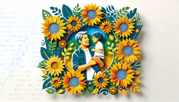 AI generated Father's Day paper cut art origami style of dad and children with flower frame photo