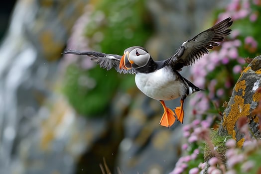 AI generated Closeup shot of an Atlantic puffin sflying with a blurred background.Generative Ai photo