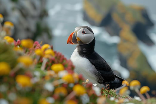 AI generated Closeup shot of an Atlantic puffin standing on the rock with a blurred background.Generative Ai photo