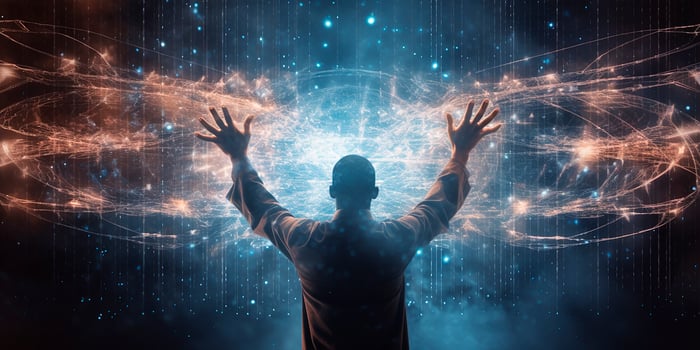 AI generated Silhouette of a man on a dark abstract background, illuminated by bright neon lights. Metaverse, virtual space. A look into the future. photo