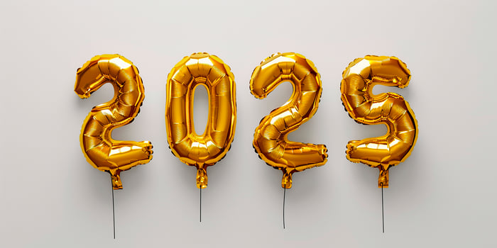 AI generated 2025 made of golden colored balloons on a white background. Happy New Year photo