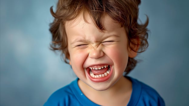 AI generated Curly-haired child in a blue shirt on a blurred background photo