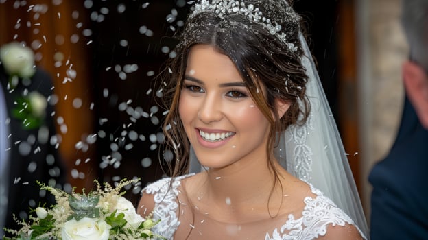 AI generated Bride in elegant gown holding bouquet at her wedding photo