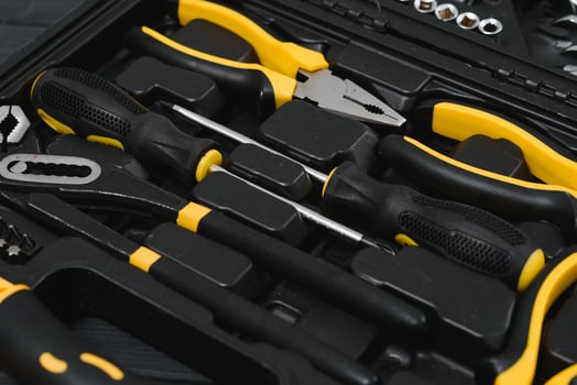 Box with set of tools for car repair, closeup. photo