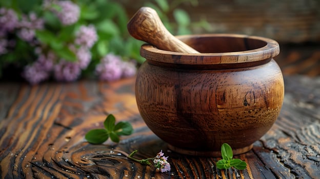 AI generated Wooden mortar on a wooden table photo