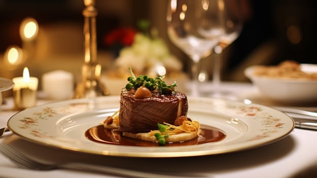 AI generated Exquisite main course meal at a luxury restaurant, wedding food catering and English cuisine photo