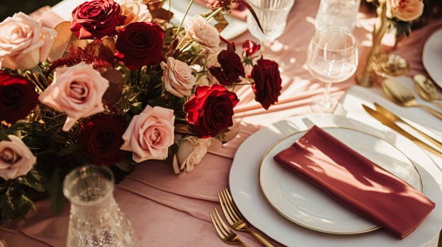 AI generated Wedding and event celebration tablescape with flowers, formal dinner table setting with roses and wine, elegant floral table decor for dinner party and holiday decoration, home styling photo