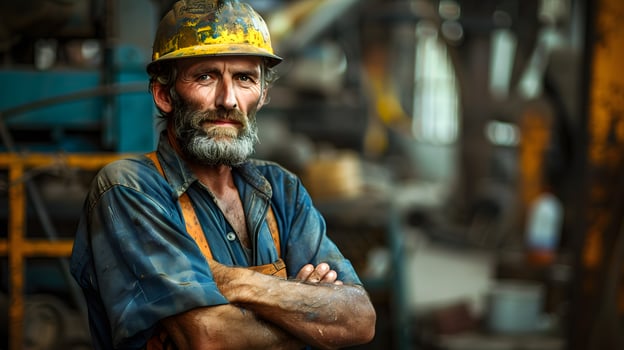 AI generated Portrait of a working man in a uniform and a hard hat. AI Generated photo