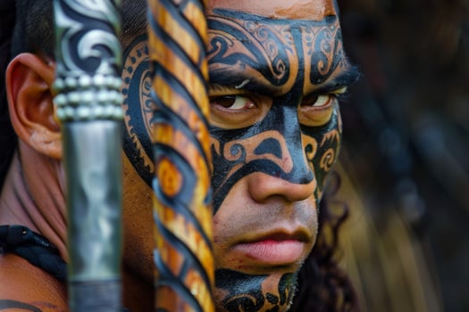 AI generated Maori warrior from New Zealand with tribal face tattoo exhibits fierce gaze and cultural pride photo