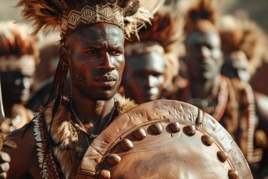 AI generated Zulu warrior in traditional attire holding a shield with tribal headdress in Africa photo