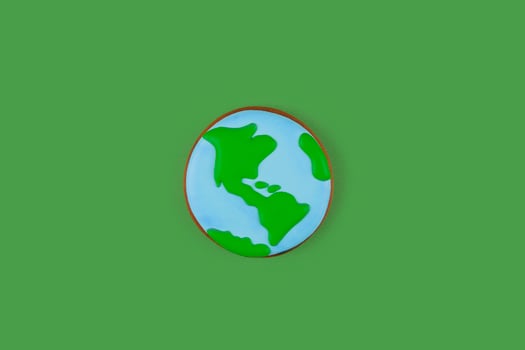 Earth Day concept. Single cookie in shape of Earth on green backdrop. photo