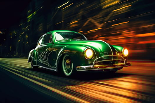 AI generated green car at night. long exposure photo