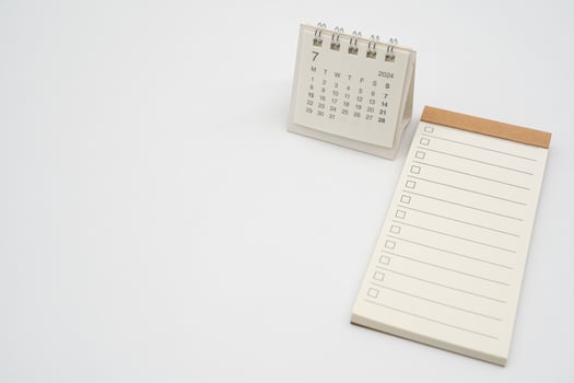 Empty Check list for text with checkbox and Simple desk calendar for JULY 2024. Blank to do list for text in JUL. Copy Space. photo