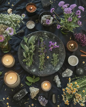 AI generated mystical atmosphere, plate with herbs candles and crystals photo