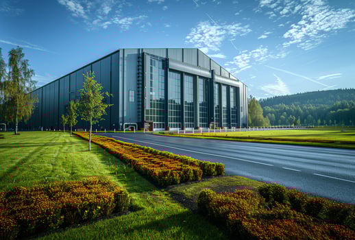 AI generated Exterior of modern factory building with office buildings and flowerbeds photo