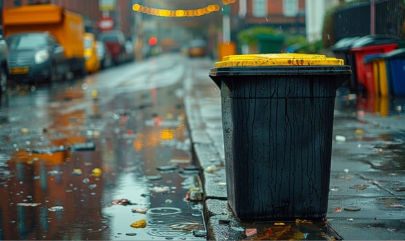 AI generated Yellow trash can is surrounded by trash on rainy day. photo