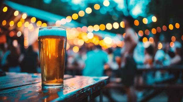 AI generated Beer glass on the table in a pub with bokeh background photo