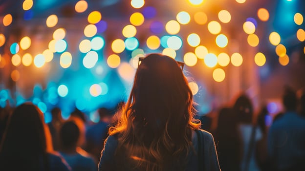 AI generated Back view of a young woman with long hair on the background of a concert photo
