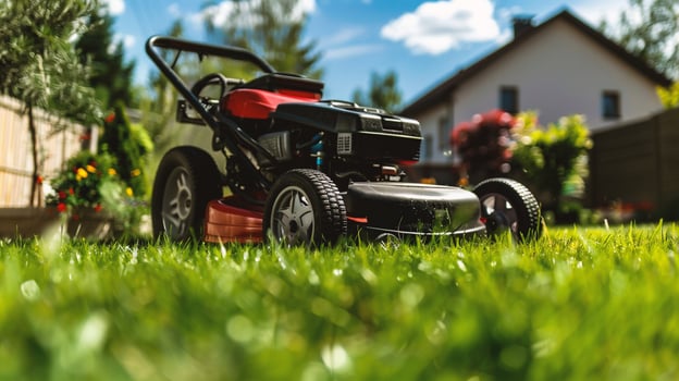 AI generated Lawn mower on green grass in the garden. Gardening concept. photo