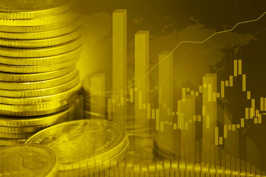 Stock market investment trading financial, gold coin and graph chart or Forex for analyze profit finance business trend data. photo