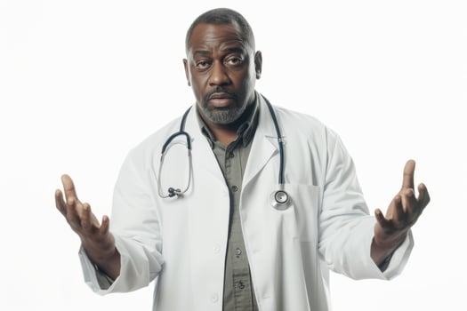 AI generated An African American internist stands and spreads his arms to the sides on a white background photo