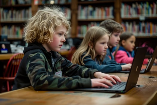 AI generated children use the laptops in the library. generative ai photo