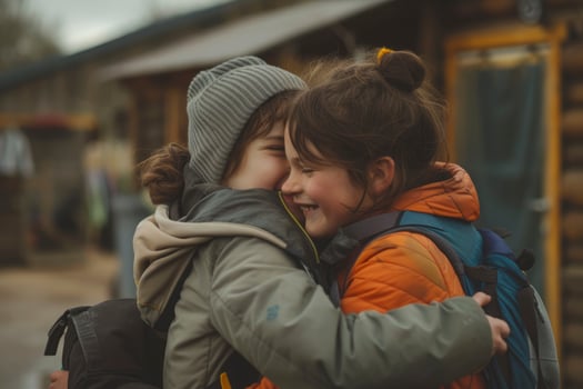 AI generated children being dropped off or picked up from camp. generative ai photo