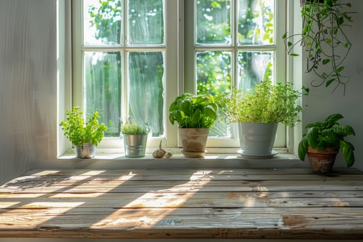 AI generated A rustic wooden table in a cozy kitchen setting features an array of potted herbs basking in the sunlight streaming through a window, inviting a sense of growth and freshness photo