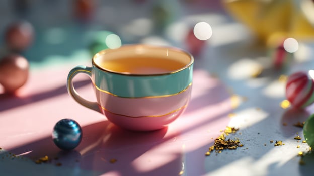 A cup of tea sits on a table surrounded by colorful eggs photo