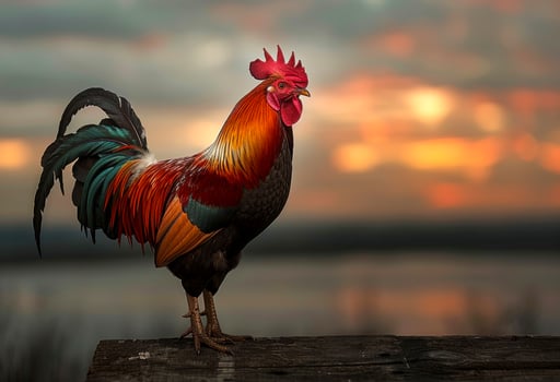AI generated Rooster standing on wooden fence at sunset photo