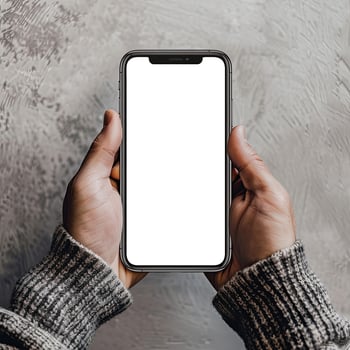 AI generated Modern smartphone mockup. Hand holding smartphone with white blank screen. photo