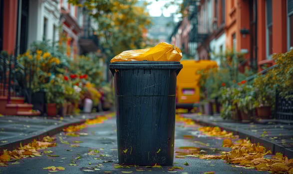 AI generated Trash can is filled with yellow leaves on city street. photo