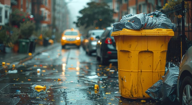 AI generated Yellow trash can overflowing with garbage on the street photo