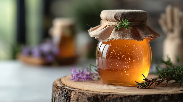 AI generated Fresh honey jars on a wooden board photo