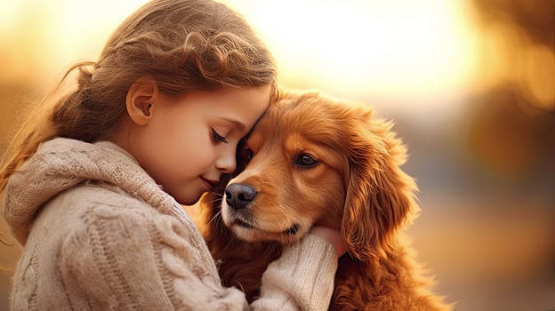 AI generated Beautiful girl tenderly hugs a golden retriever close-up portrait in backlight. Friendship and tender feelings between human and animal concept. AI generated illustration. photo